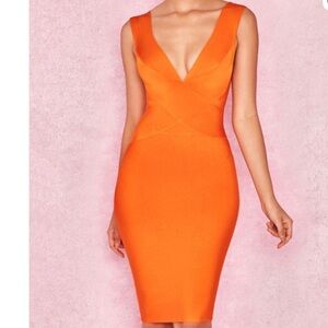 House of CB Orange V Neck Bandage Dress